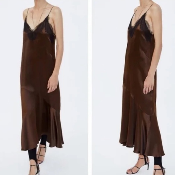 ZARA | Brown Satin Slip Dress with Black Lace detail - Picture 1 of 6